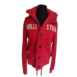 Hollister men’s Hooded sweatshirt jacket button up size LARGE RED